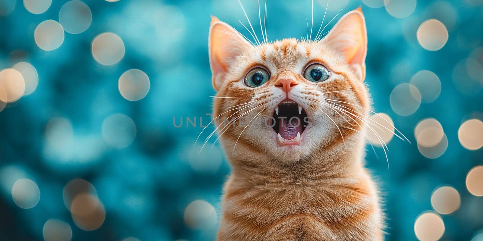 A ginger cat, wide-eyed and mouth agape, seems surprised or excited. The blurred teal background suggests a festive setting.
