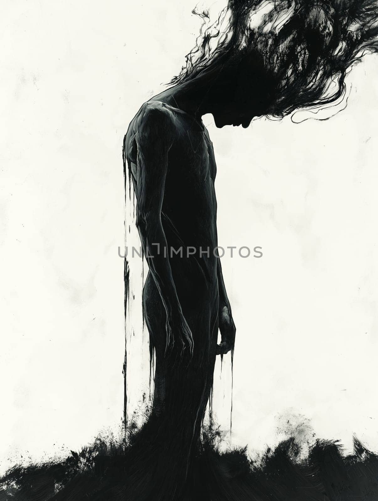 A figure, shrouded in dark, flowing paint, appears burdened. The artist uses dramatic brushstrokes to convey a sense of despair and overwhelming negativity.
