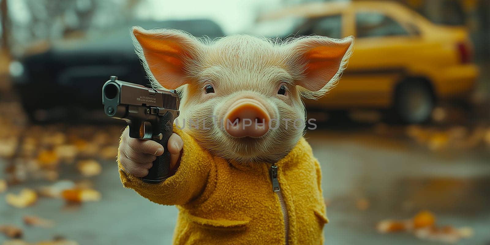 A pig, holding a gun, stands poised. Why? The scene is unclear, but a yellow cab is in the background.