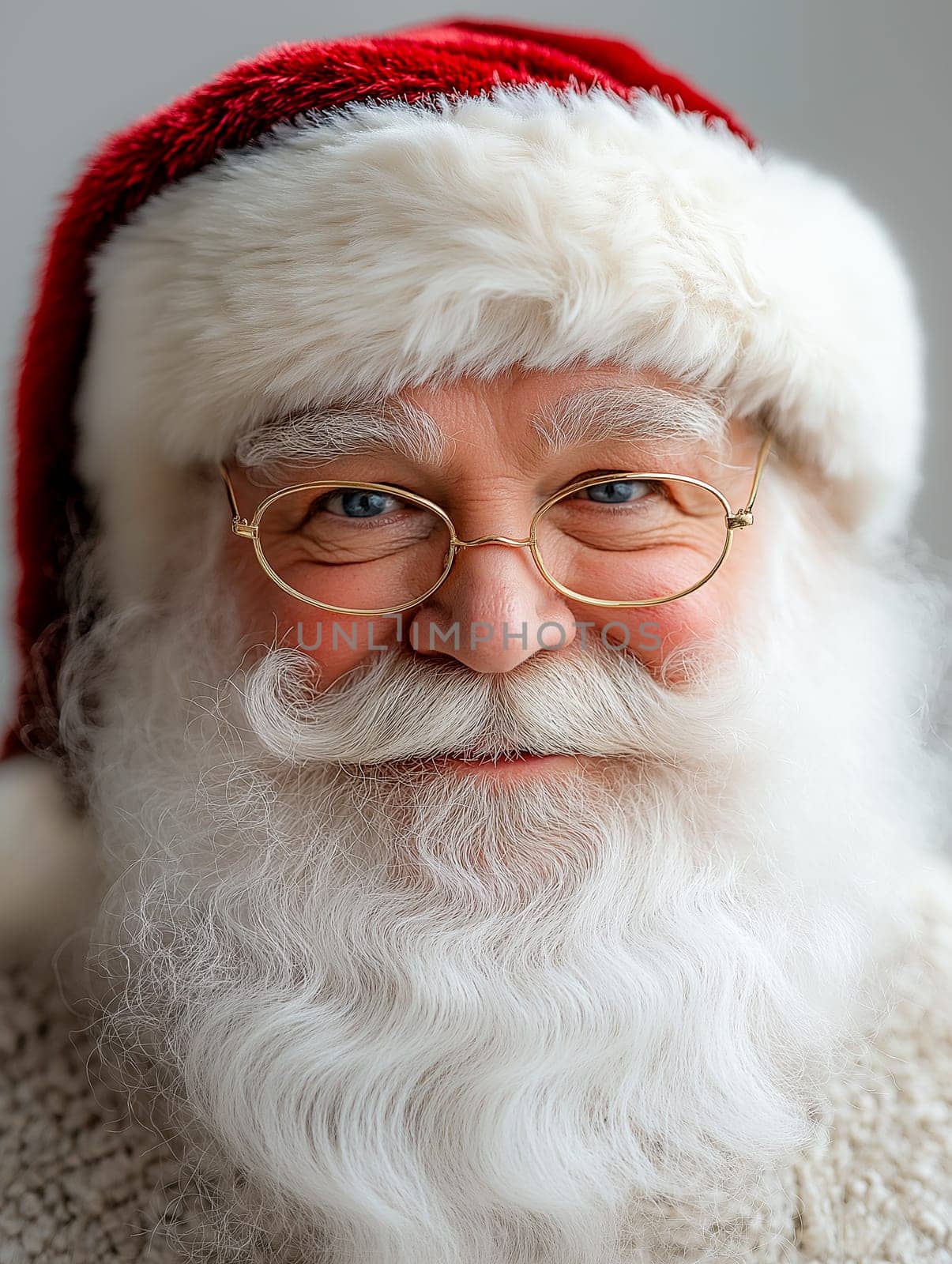 Santa Claus, wearing a traditional red and white hat, smiles warmly. His joyful expression and white beard suggest Christmas cheer.