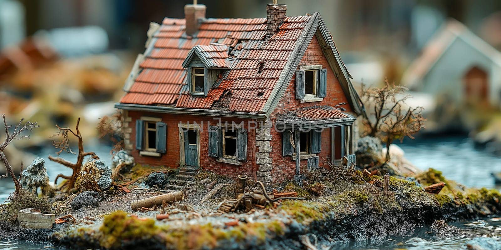 A miniature diorama depicts a damaged house (likely after a war or disaster). Debris and a pipe litter the scene, suggesting destruction. The model shows the aftermath.