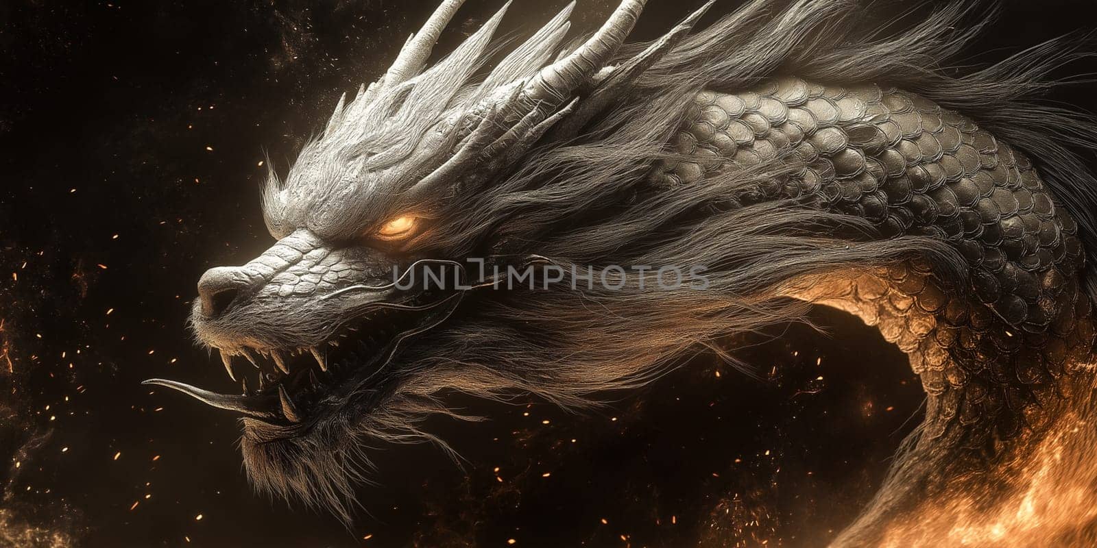 A majestic, mythical dragon, scales shimmering, head lowered, fierce eyes blazing. Powerful and ancient, it commands attention.