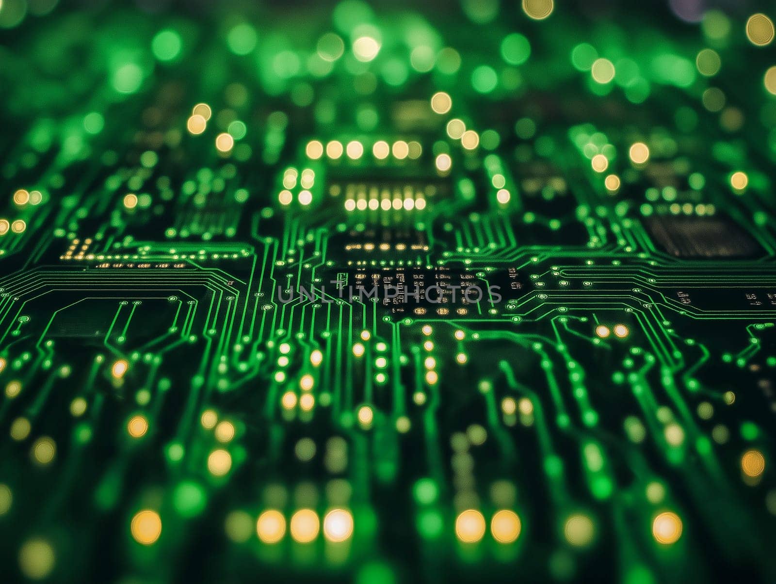 Close-up of a circuit board, illuminated with green light. The intricate pathways and components are visible, highlighting the complexity of the technology. The blurred lights suggest a dynamic system in operation.