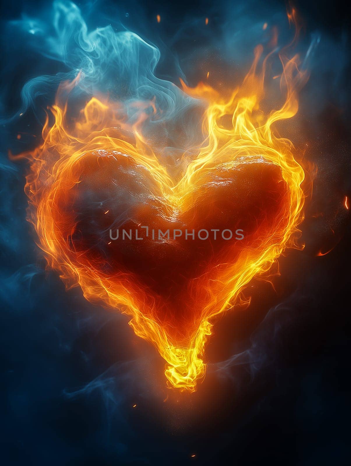 Fiery heart ablaze, with contrasting blue smoke. A visual representation of opposing forces.
