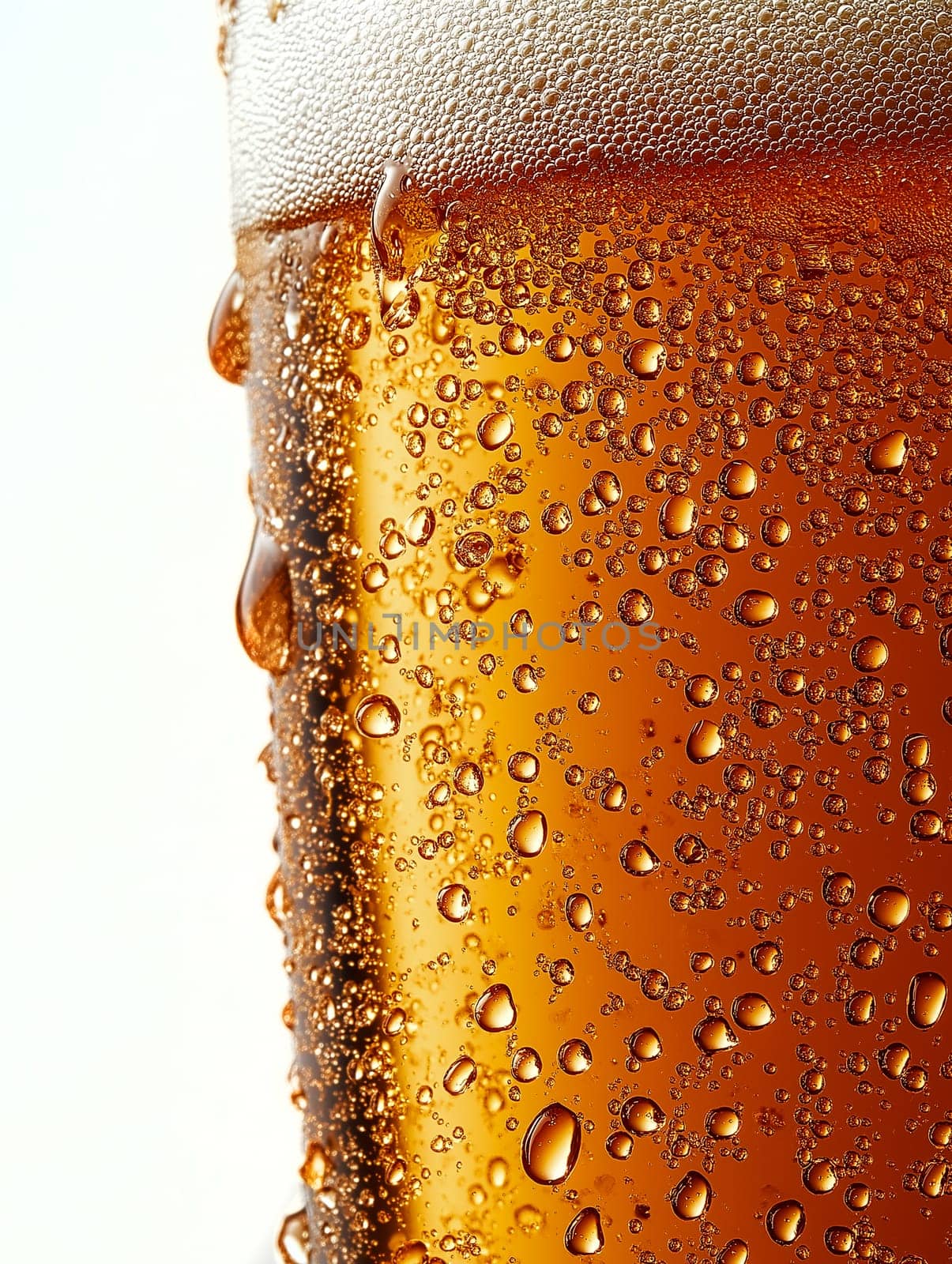 Close-up of a cold beer glass. Condensation coats the glass, showcasing numerous tiny bubbles. The image highlights the texture and refreshing nature of the drink.