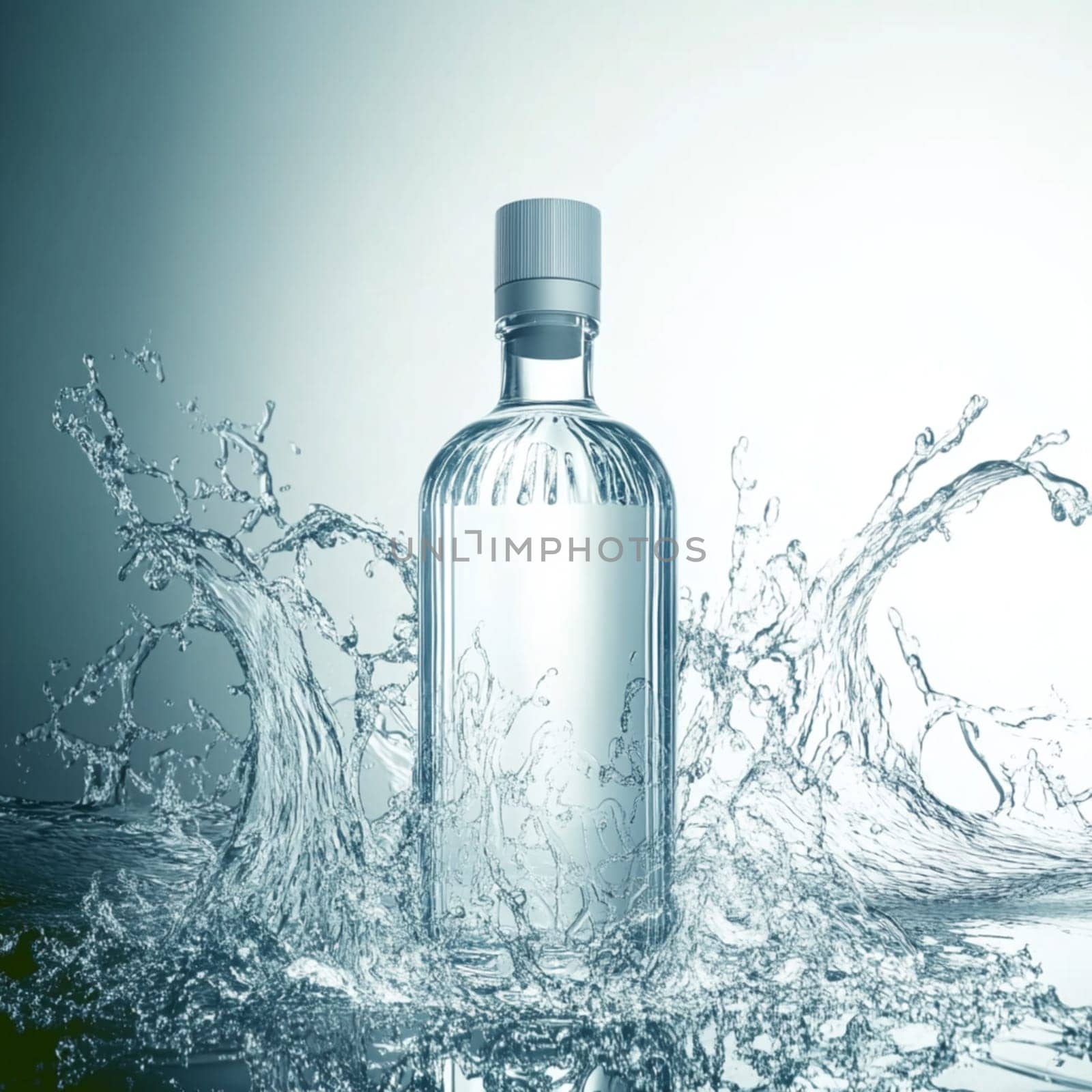 Transparent bottle filled with liquid is standing in the middle of a big splash of water, creating interesting shapes and reflections