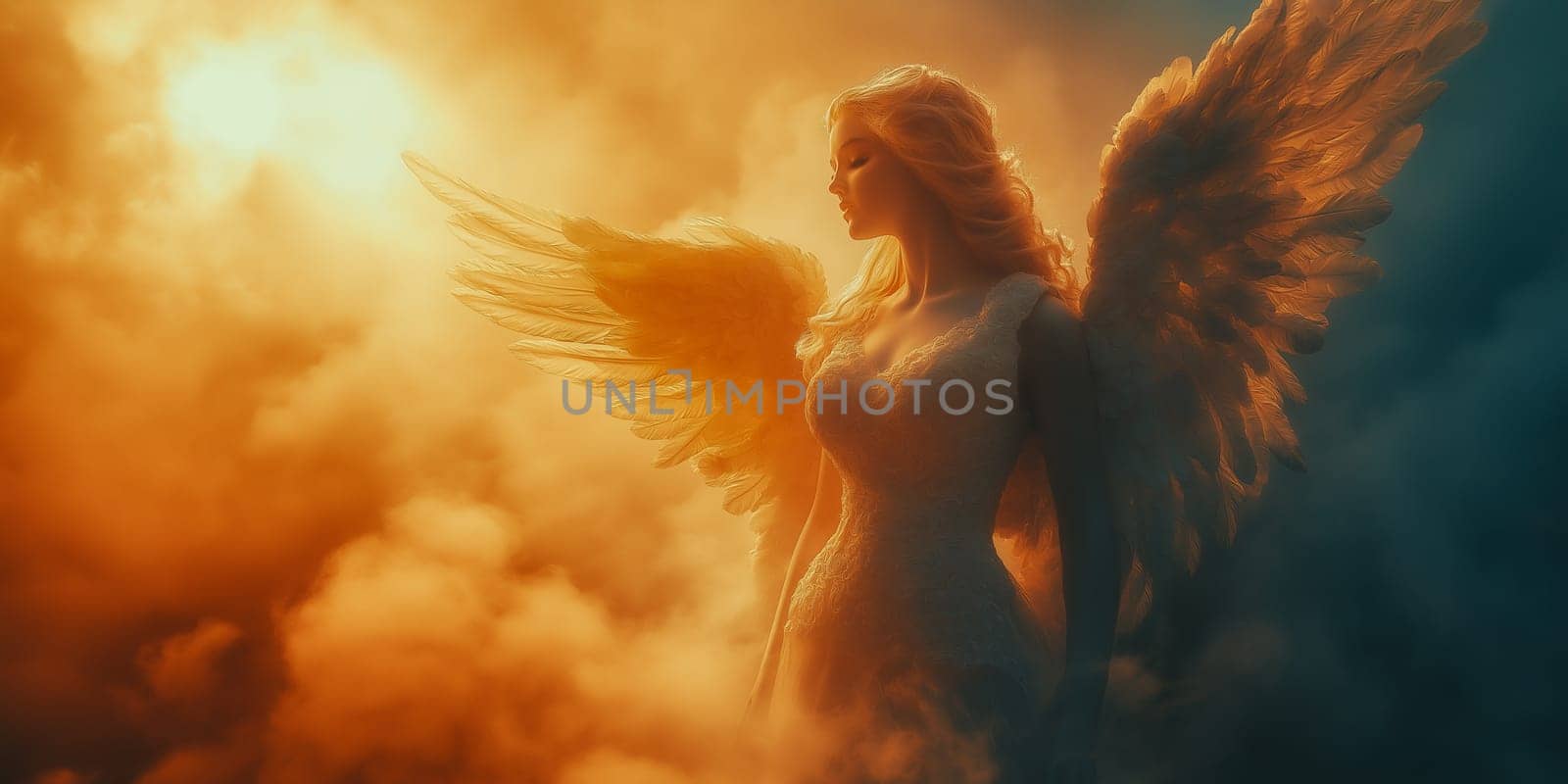 A serene angel, wings outstretched, bathed in golden light. A figure of grace and peace, perhaps a depiction of divine intervention.