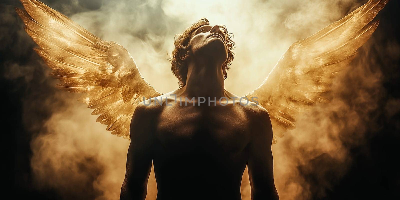 A man, angelic in appearance, with large golden wings, gazes upward. His posture suggests a spiritual connection.