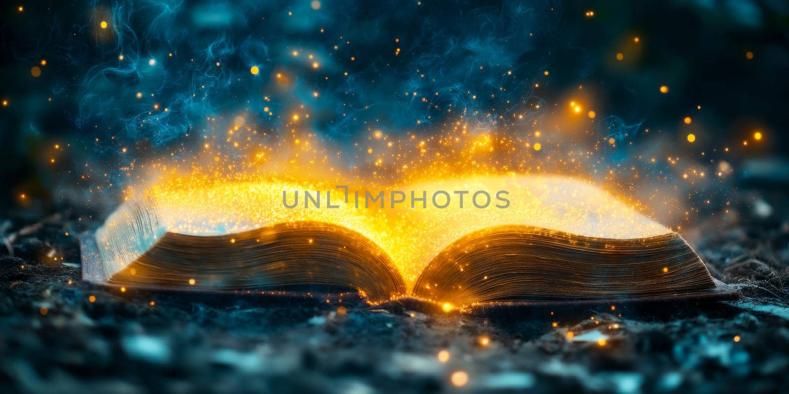 An open book glows with golden magic. Particles of light surround it, suggesting a mystical power. The book's pages are illuminated, hinting at secrets within.