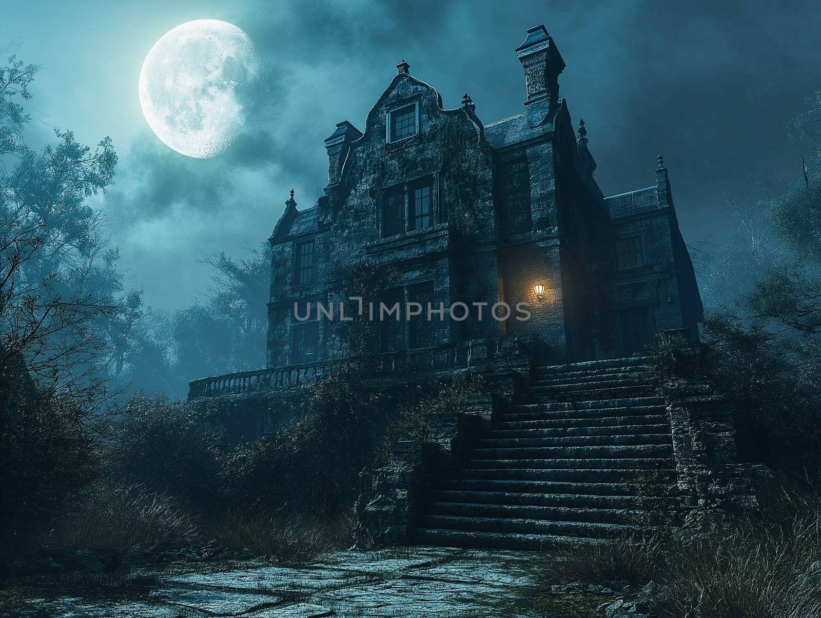A large, old stone house stands alone in a misty, moonlit forest. Moonlight illuminates the eerie, overgrown grounds. No one is visible.
