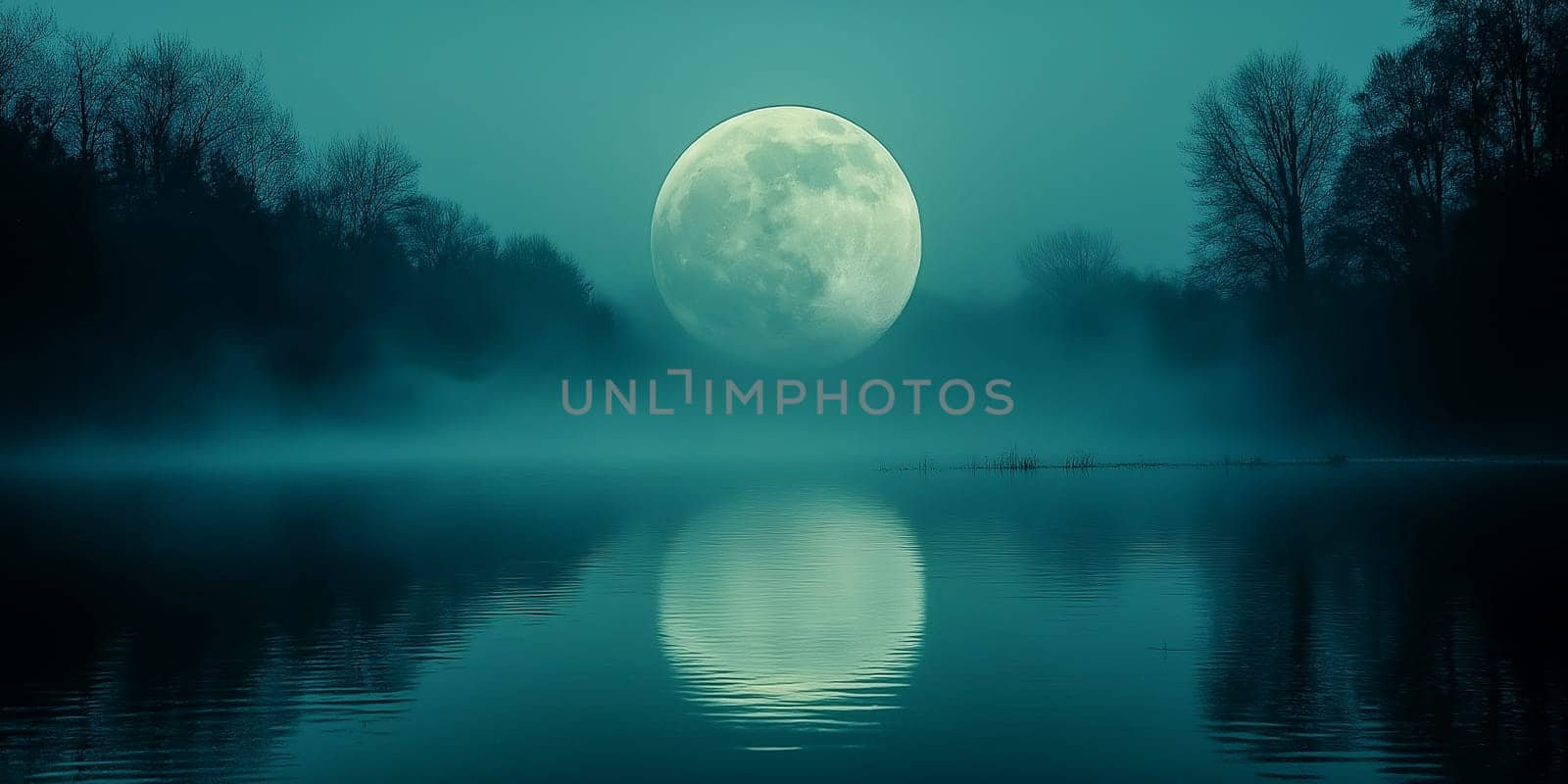 A large, luminous moon hangs over a misty lake at night. Trees stand silhouetted against the ethereal sky, their reflections mirroring the moon's glow on the still water. Nature's beauty in a tranquil, moonlit scene.
