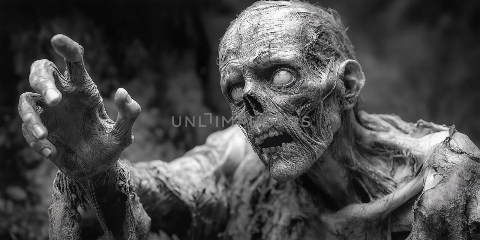 A grotesque zombie, its skin decayed and tattered, reaches out with a clawing hand. The image evokes a sense of horror and impending doom.