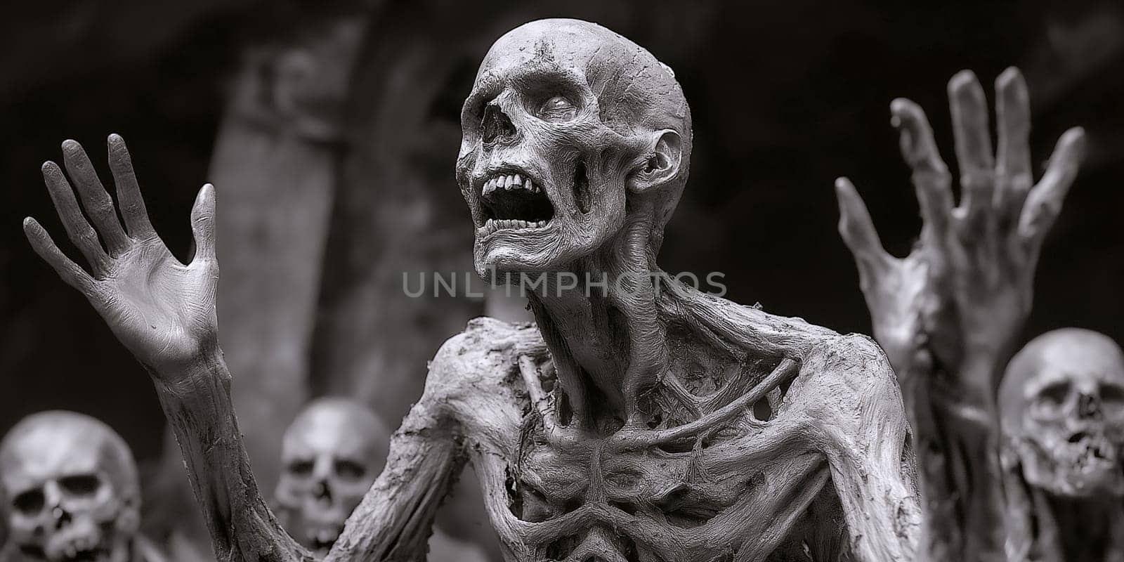 A decaying, skeletal figure, possibly a zombie, reaches out. Its horrifying appearance suggests a post-apocalyptic or undead scenario. The image's focus is on the figure's desperate, decaying state.