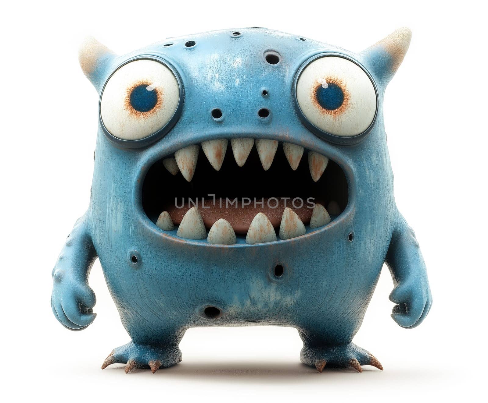 A grumpy, blue cartoon monster, with large eyes and a wide open mouth, stands on a white background. Its distressed appearance suggests a character in a story.
