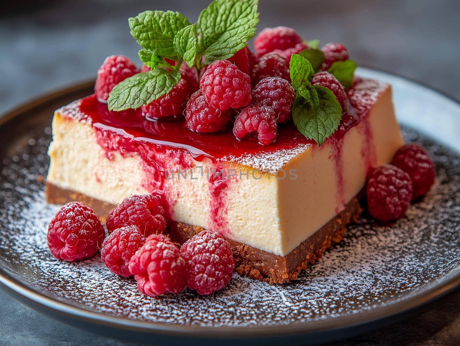 Delicious cheesecake, topped with raspberries and mint. A sweet treat, ready to be enjoyed.