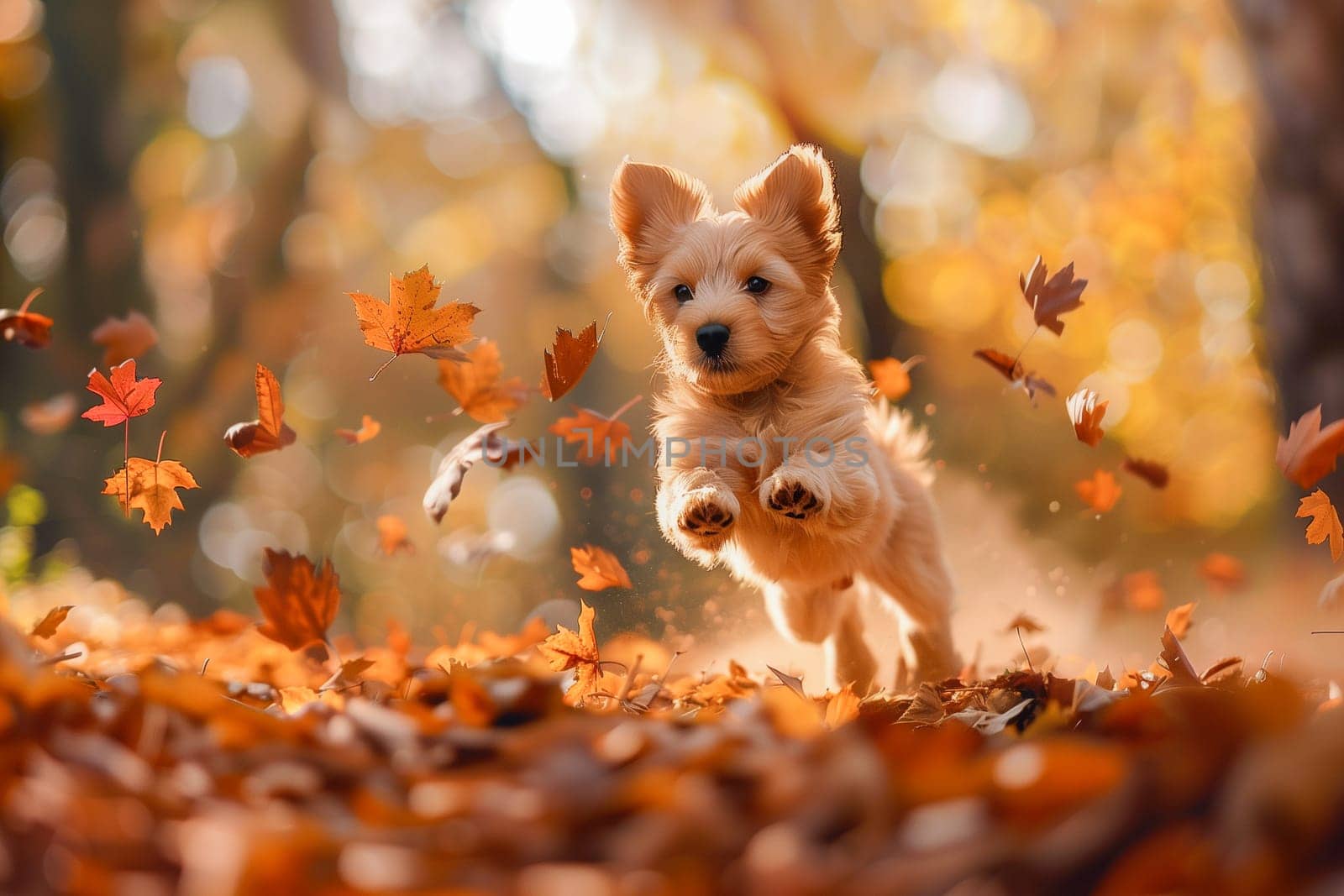 Adorable puppy leaps amidst autumn leaves. A small dog, likely a Yorkshire Terrier mix, plays in a forest floor covered in colorful leaves. The wind carries the leaves as the dog joyfully bounds through them.