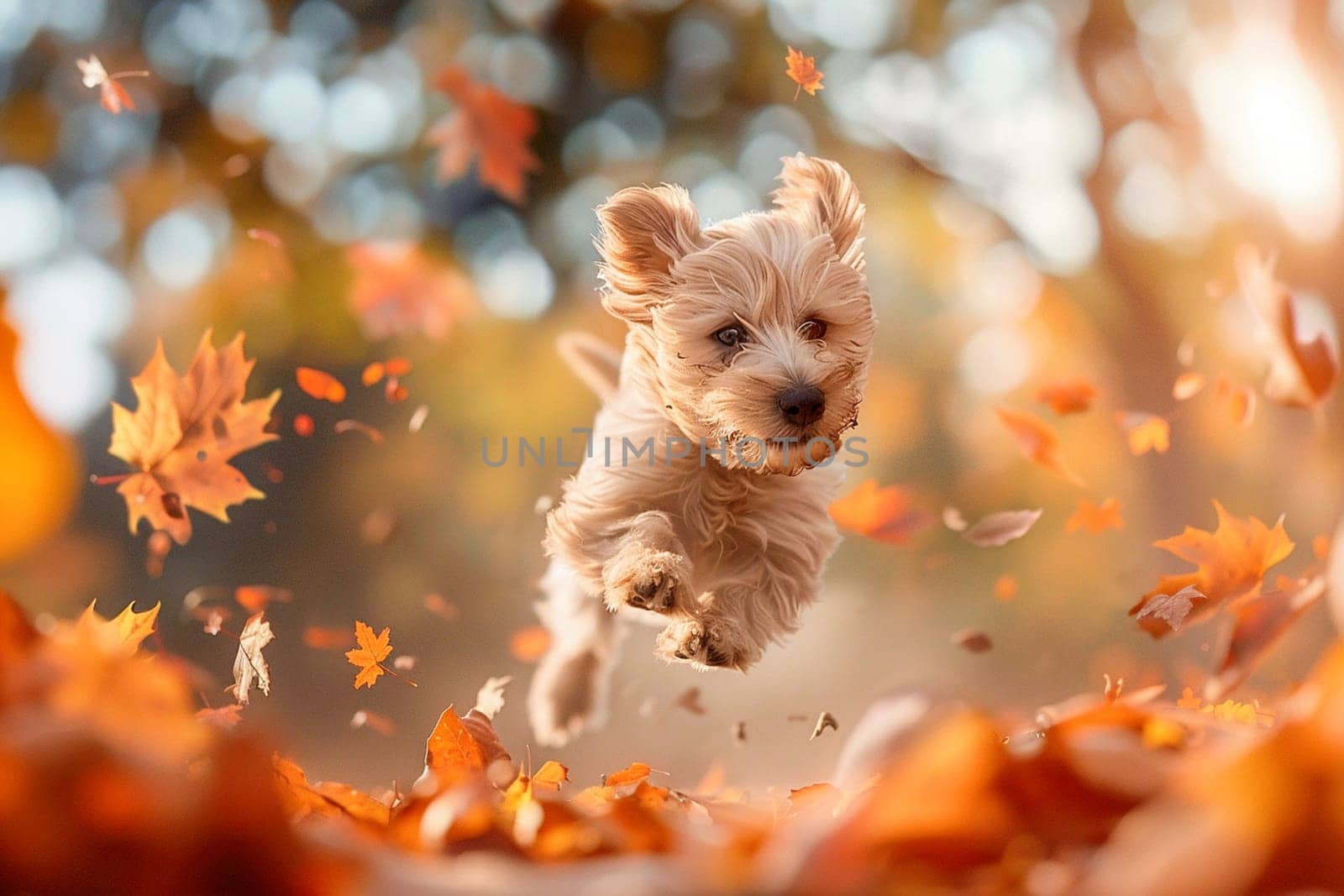 Adorable dog, mid-leap, amidst autumn leaves. A joyful moment, playing in the falling foliage.