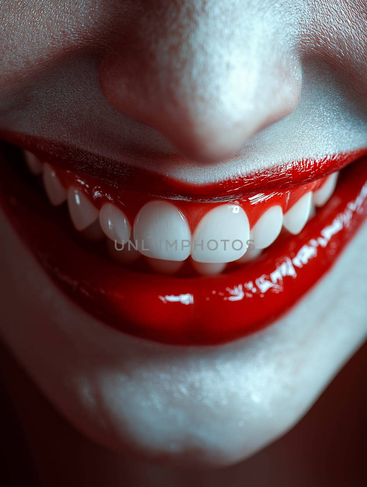 Close-up of a person's mouth, teeth, and lips. Red lipstick is applied, showcasing a wide smile. The image likely focuses on beauty and aesthetics.
