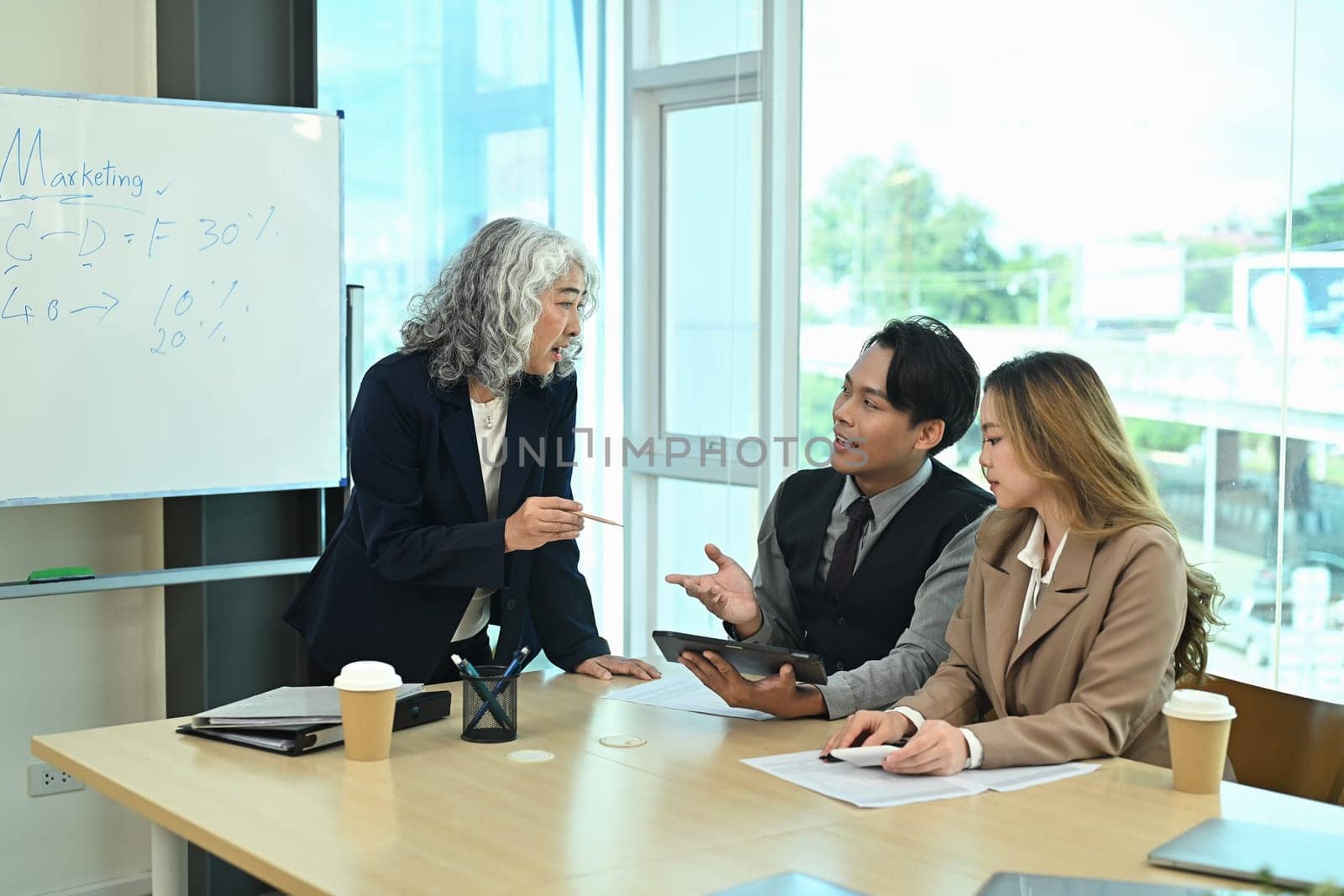 Experienced mature female leader discussing strategies with young colleagues in office.