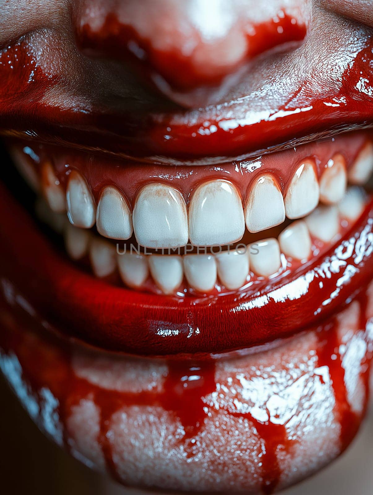 Close-up of a person's mouth, teeth, and lips. Red liquid, resembling blood, covers the mouth. Likely a Halloween or horror-themed image.