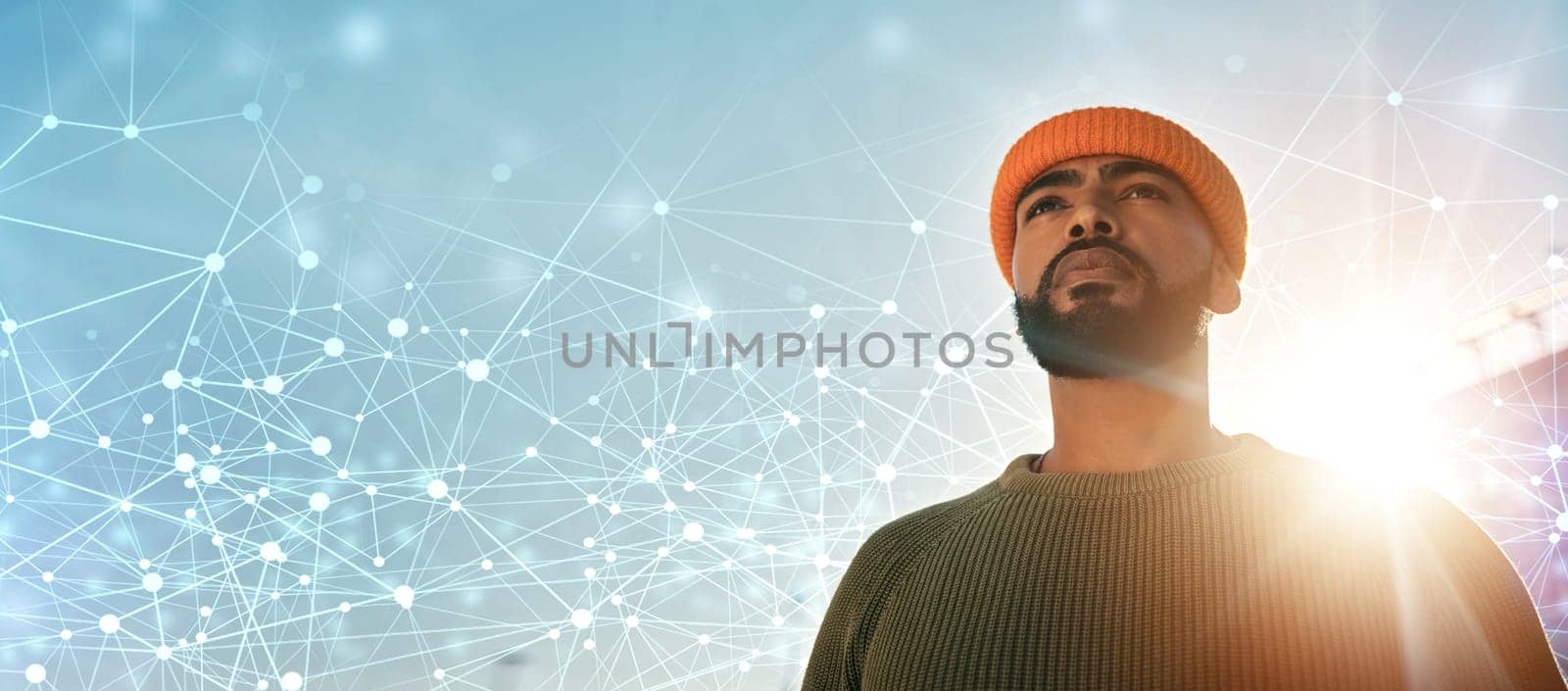 Thinking, banner and man outdoor on lens flare, space and travel in low angle on network overlay for connection. Sunshine, serious and confident person in clothes for fashion, style and cool idea by YuriArcurs