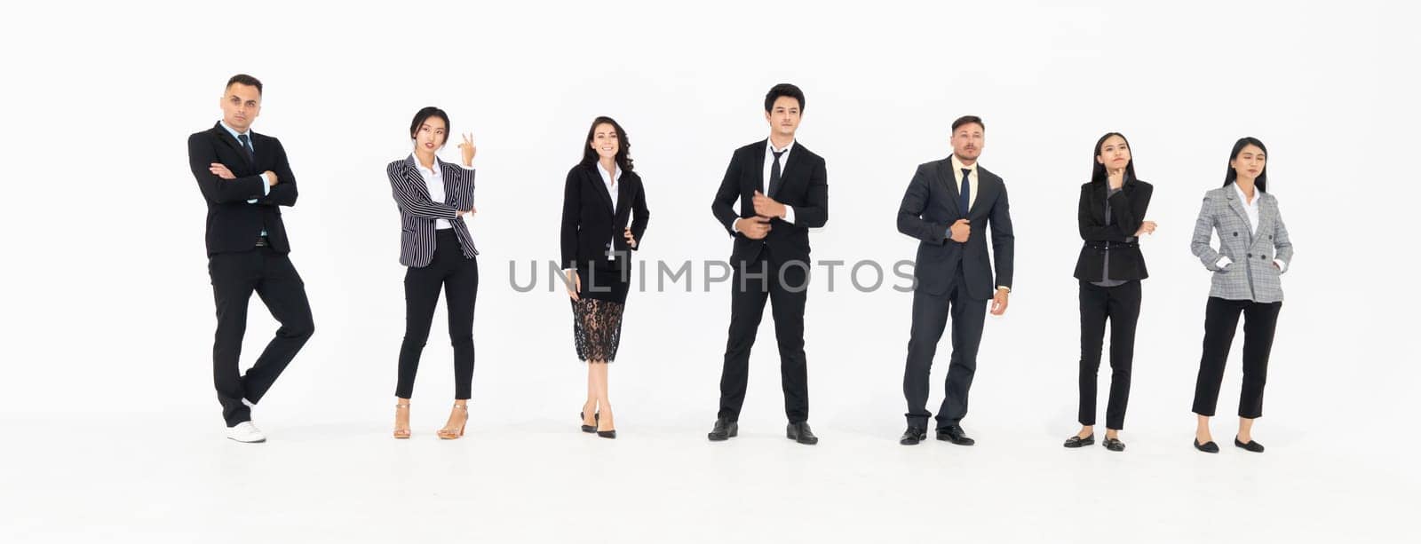 Full body portrait of many business people on white background wearing formal business suit in studio collection . Jivy