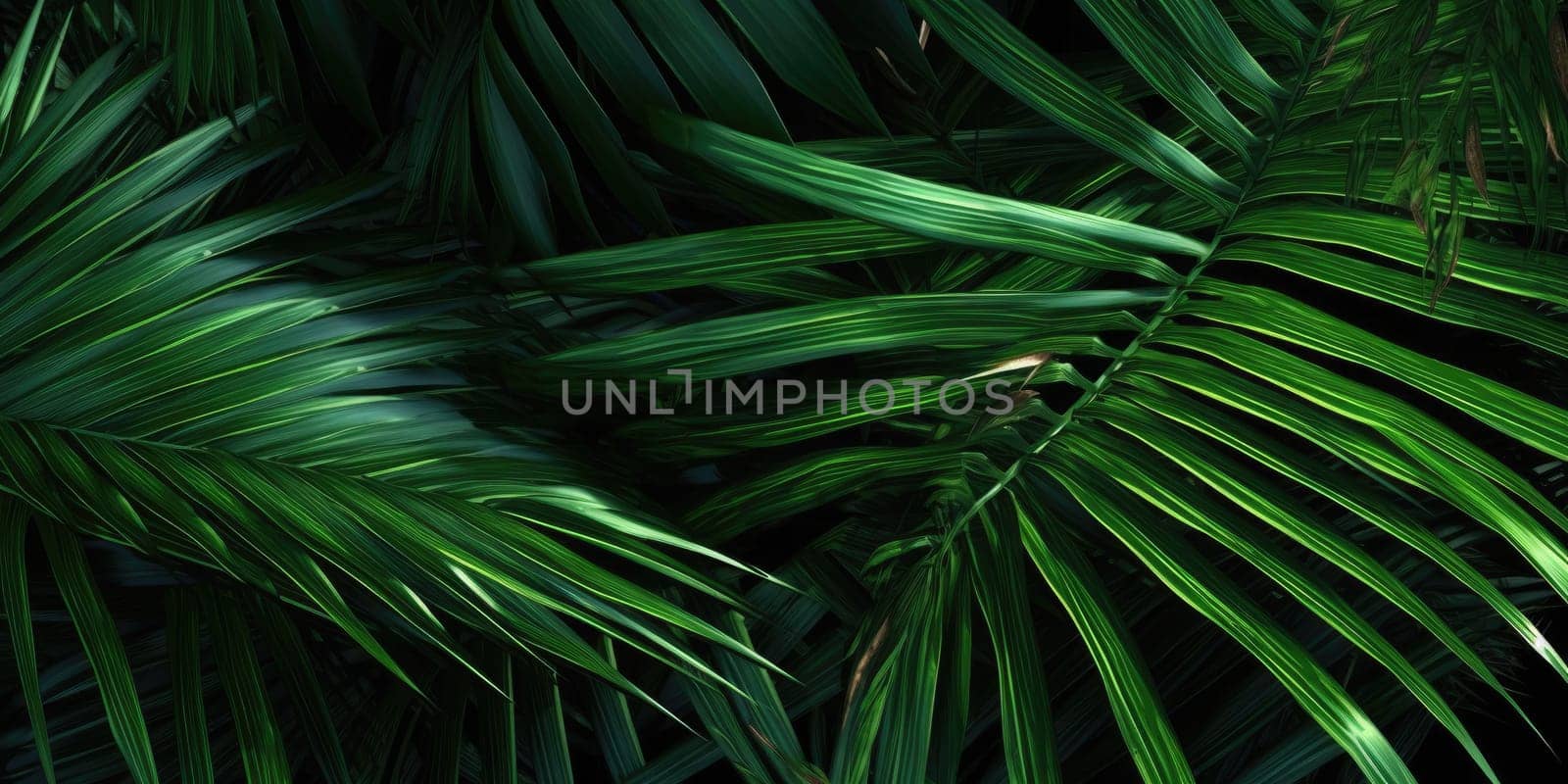 Dark green palm leaves dramatic photo effect background, realism, realistic, hyper realistic. Generative AI weber. by biancoblue