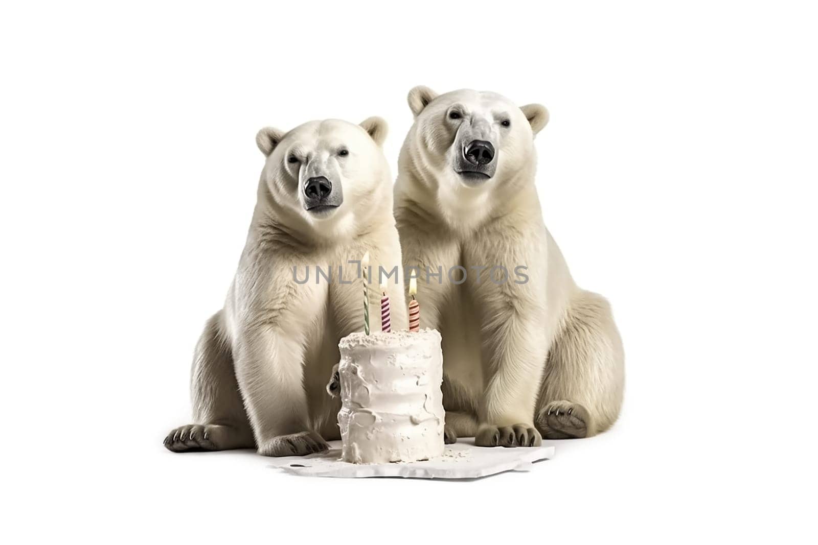 Two polar bears are celebrating a birthday or anniversary. A pair of white bears and a festive cake.