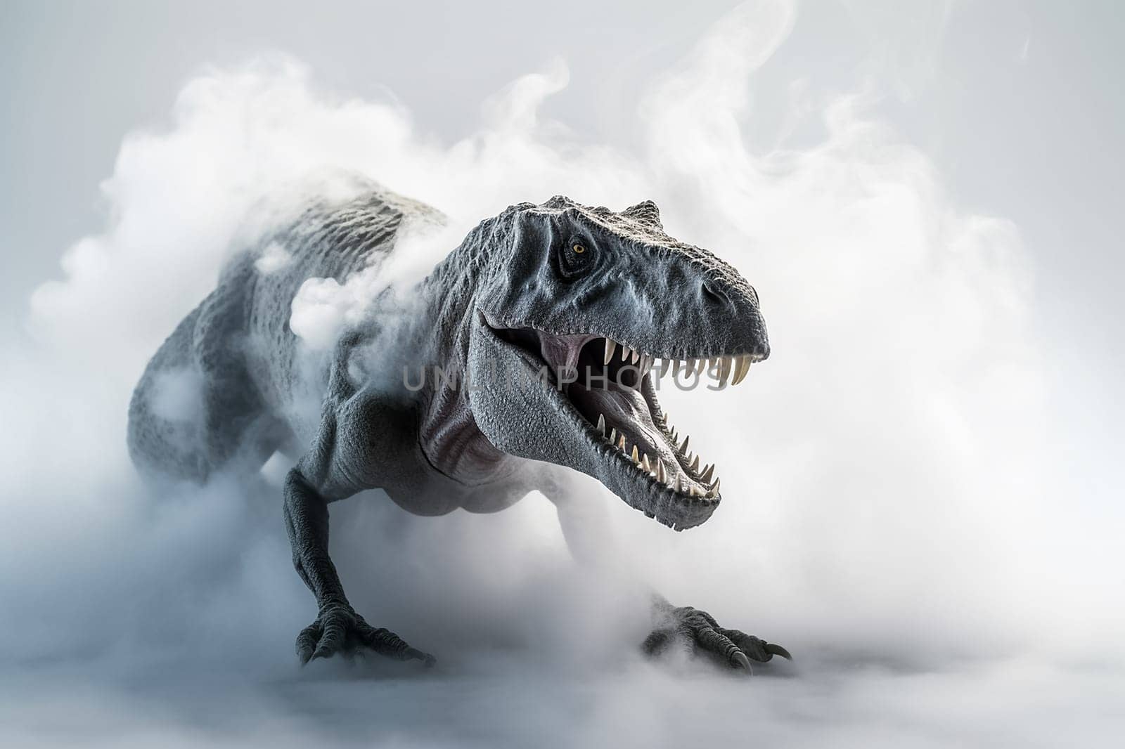 Scary big dinosaur in fog or mist. Big gray dinosaur in smoke or steam on light gray background by esvetleishaya