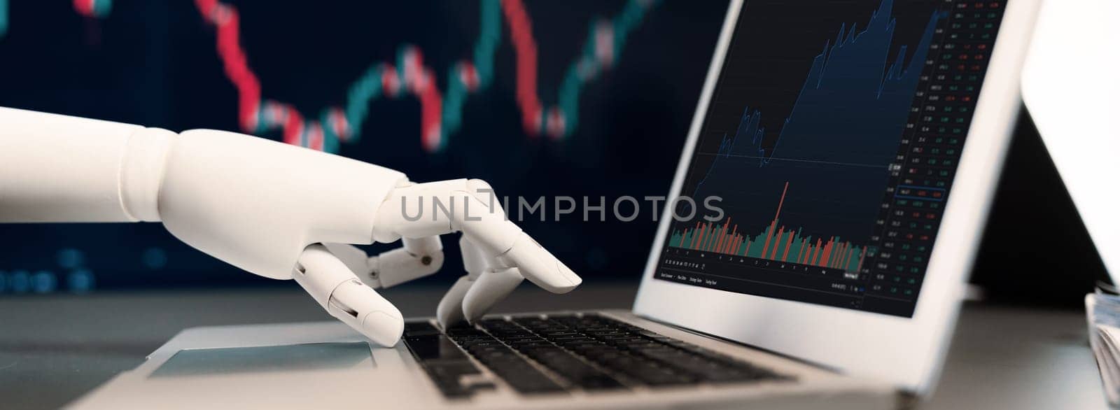 Automated stock trading concept. Robotic hand analyzing financial data on stock exchange, artificial intelligence utilization to predict precise price change in stock market. Trailblazing