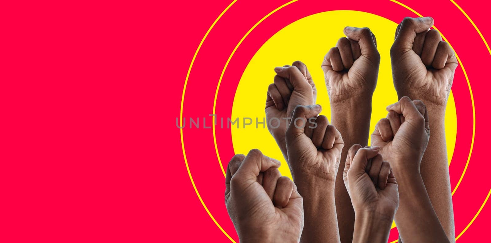 Fist, group and protest with art by red background for human rights, power and solidarity for equality. People, support and together with hands in air for motivation, goal or mockup space for opinion.