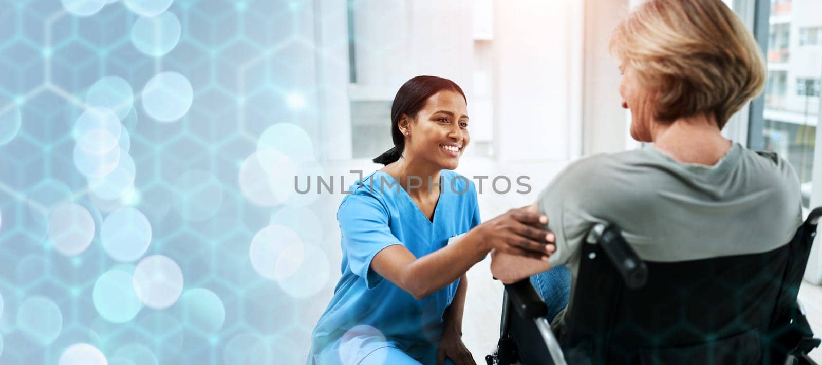 Patient with disability, nurse and discussion in hospital for healthcare, wellness and medicare. Medical professional, bokeh and overlay in mockup, marketing and advertising for trust in advice.
