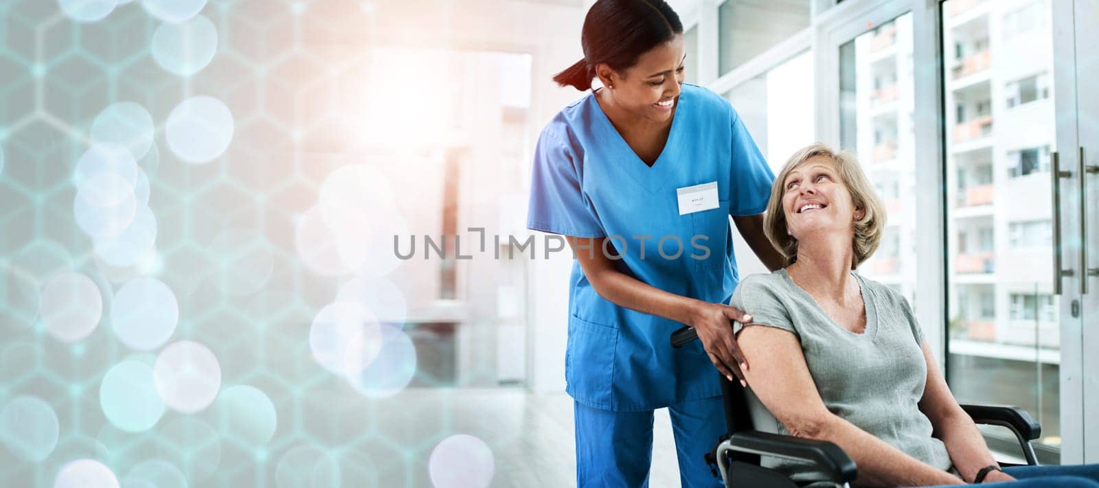 Mature woman, nurse or person with disability in hospital, patient or smile for help, support or care. Medical, health or professional for checkup, wheelchair or friendly with bokeh, clinic or job by YuriArcurs