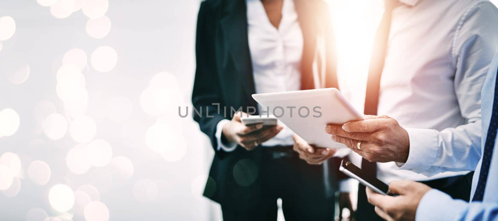 Hands, technology and double exposure with business people together for communication or networking closeup on space. Collaboration, tablet and phone with a professional employee team working online by YuriArcurs