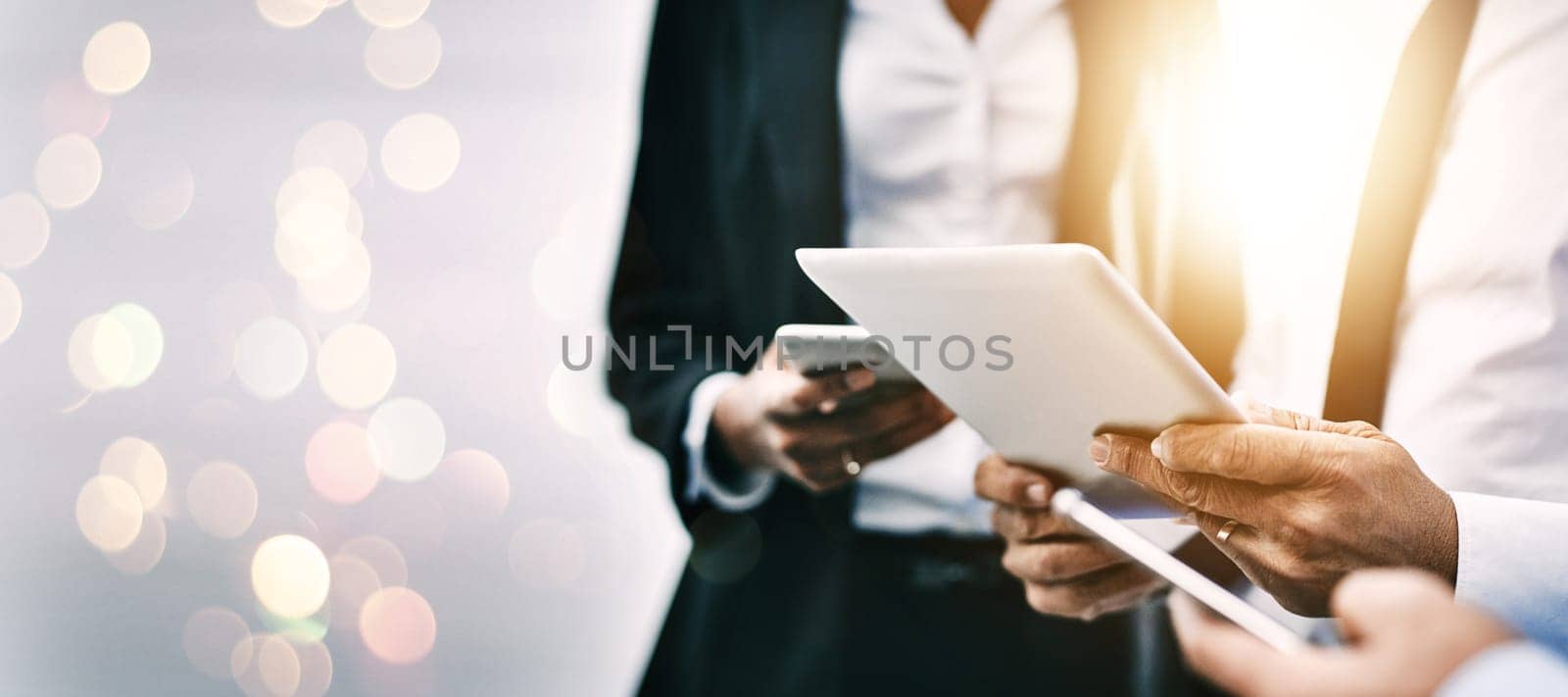 Hands, tech or double exposure with a team of business people together for communication or networking closeup on space. Teamwork, tablet and phone with a professional employee group in collaboration by YuriArcurs