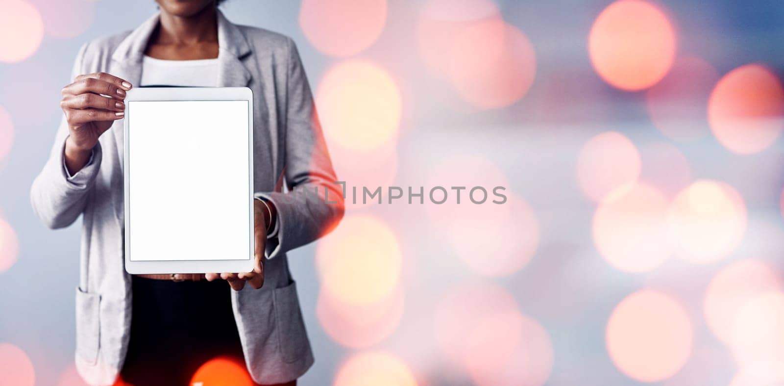 Closeup, woman and business with mockup, tablet and promotion with banner, bokeh and connection. Person, employee or consultant with tech, overlay and digital app with internet and email notification.