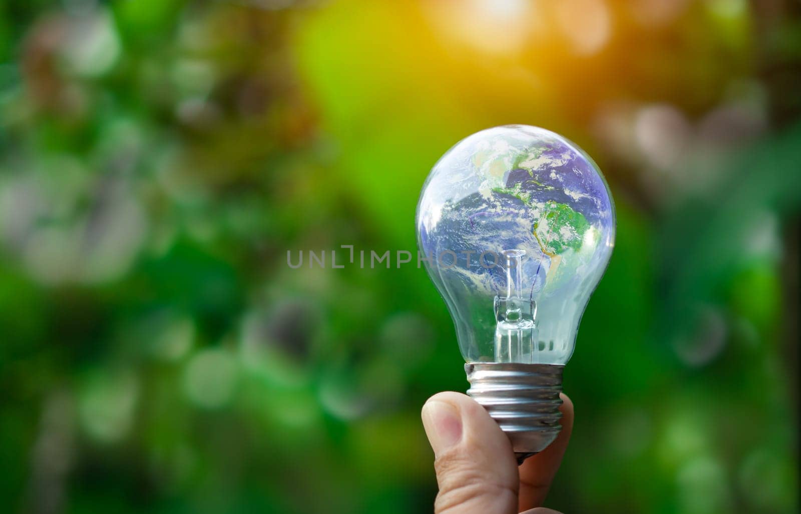 Concept of renewable energy, environmental protection, and sustainable renewable energy sources. World map on a light bulb set on a background nature green. Green energy. by Unimages2527