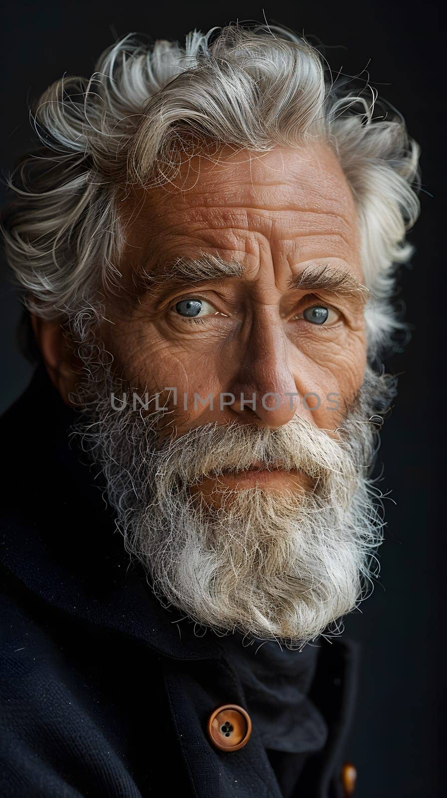 A man with gray hair, white beard, and wrinkles is pleased as he looks at the camera for a selfportrait painting in portrait photography