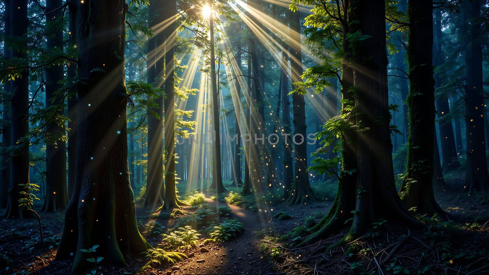 A forest with sunlight shining through the trees. The light is creating a warm and peaceful atmosphere. The trees are tall and green, and the leaves are rustling in the breeze. The forest is a serene