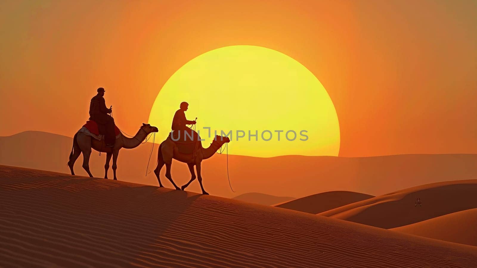 Two men riding camels in the desert at sunset. The sun is setting in the background