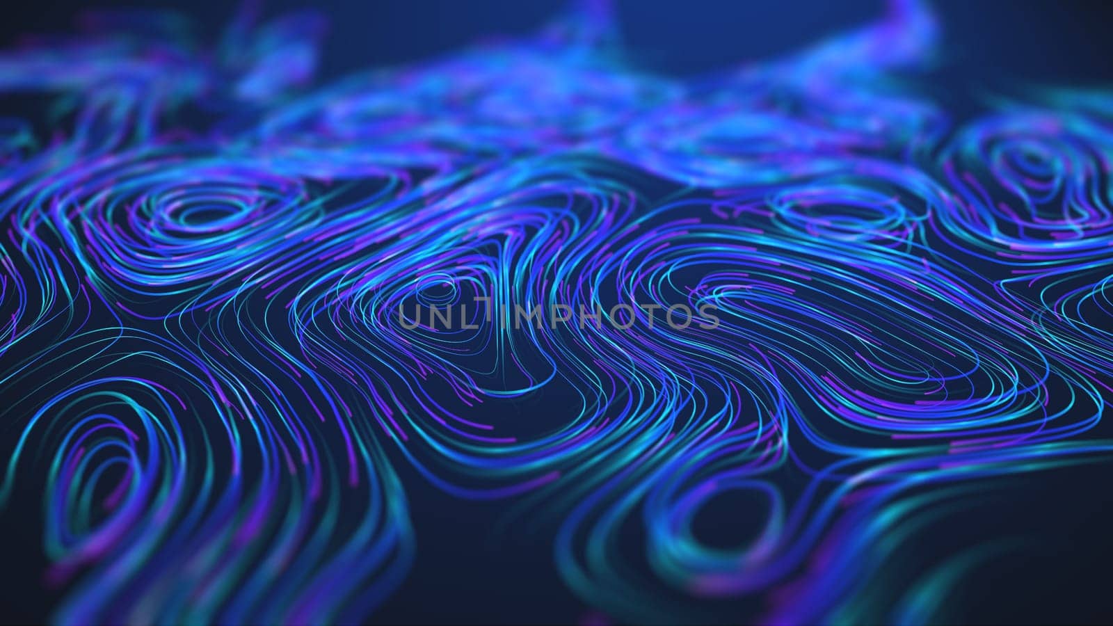 This image features glowing curved lines in shades of blue, teal, and magenta, resembling data streams or waveforms. The abstract and futuristic concept emphasizes motion, energy, and technology.