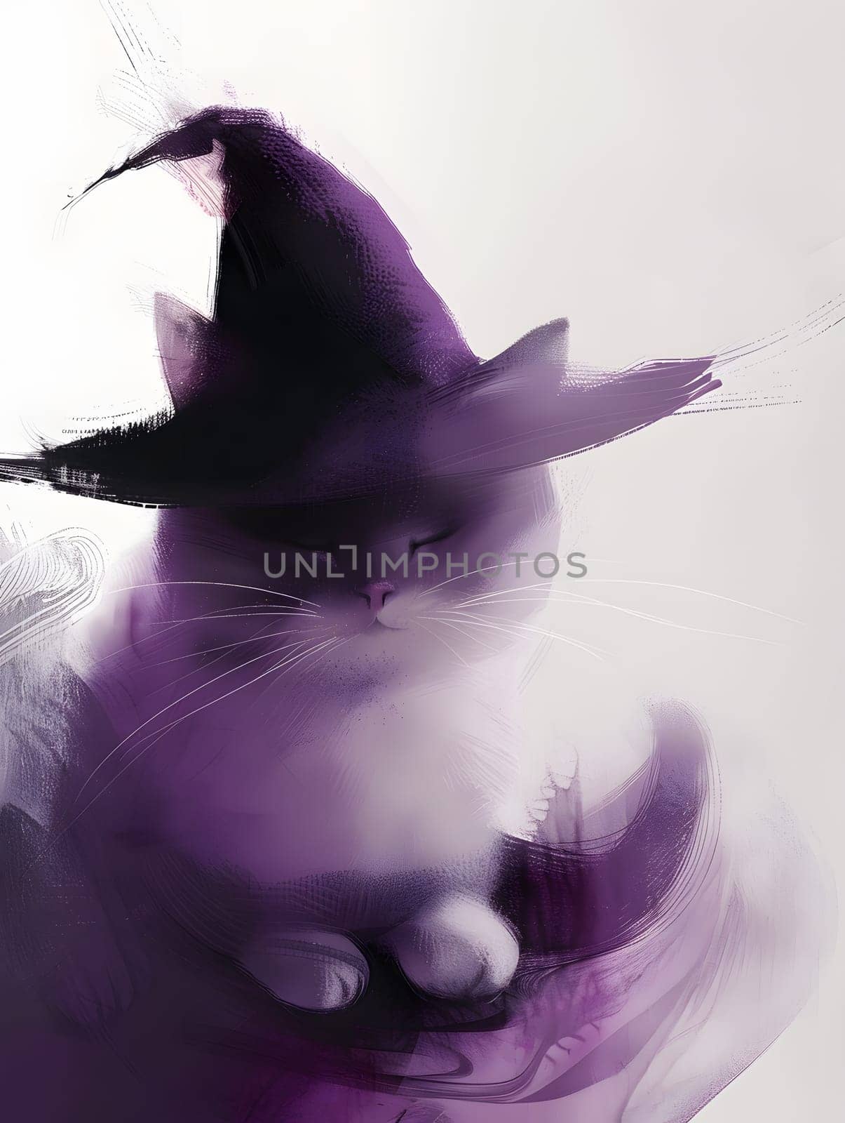 Abstract art of a magical purple cat with a witch hat on an ethereal background.