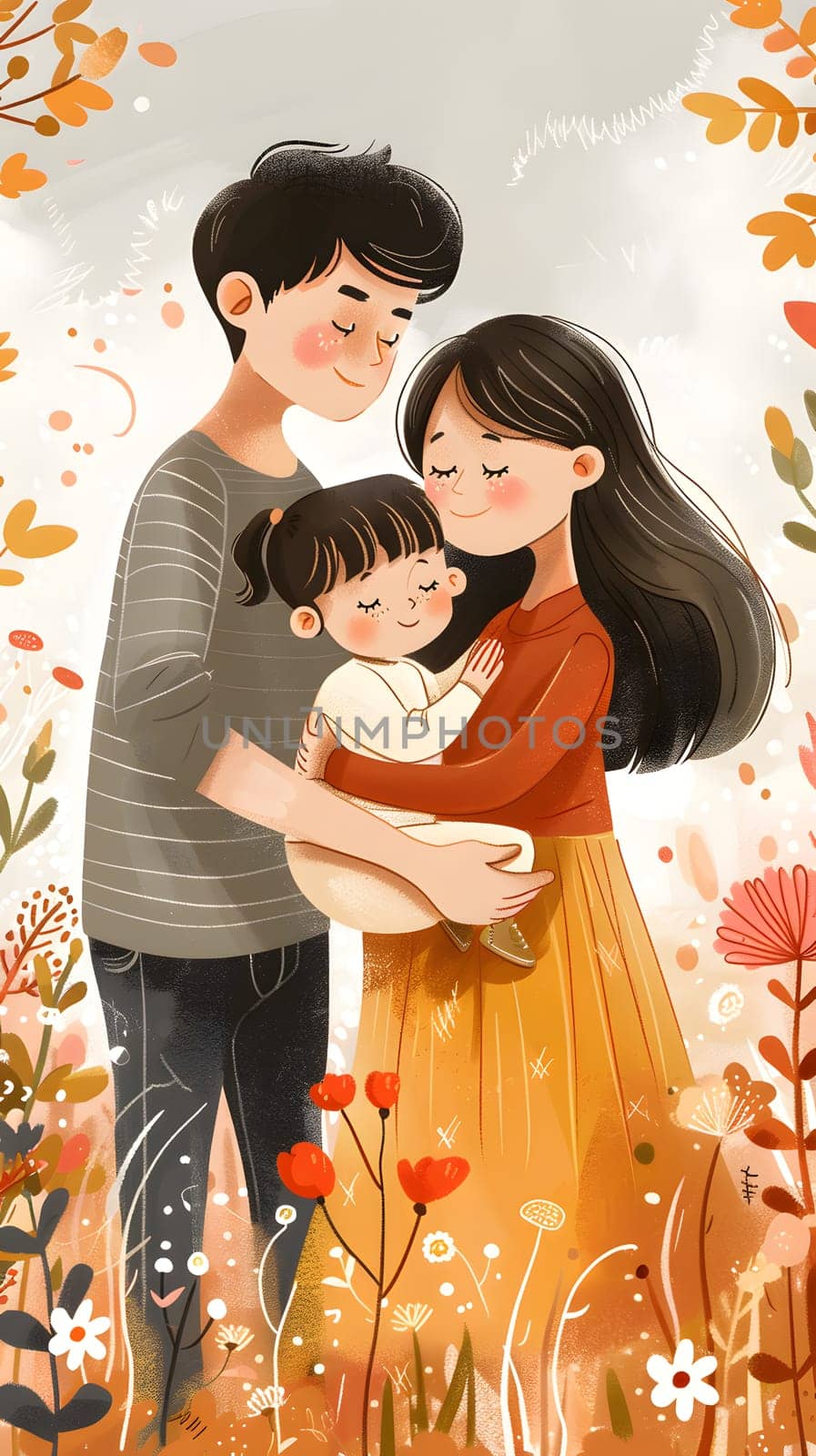 A man and woman are smiling while holding a happy toddler in their arms. The gesture captured in the photograph shows a fun and loving moment at a special event, with a flower plant in the background