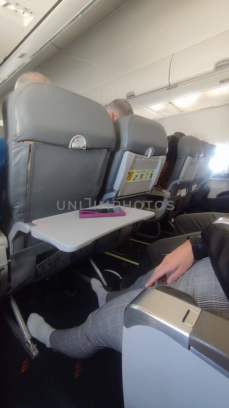 15 October 2024 Tel-Aviv Israel Ben Gurion airport. Airplane legroom tray. High quality photo