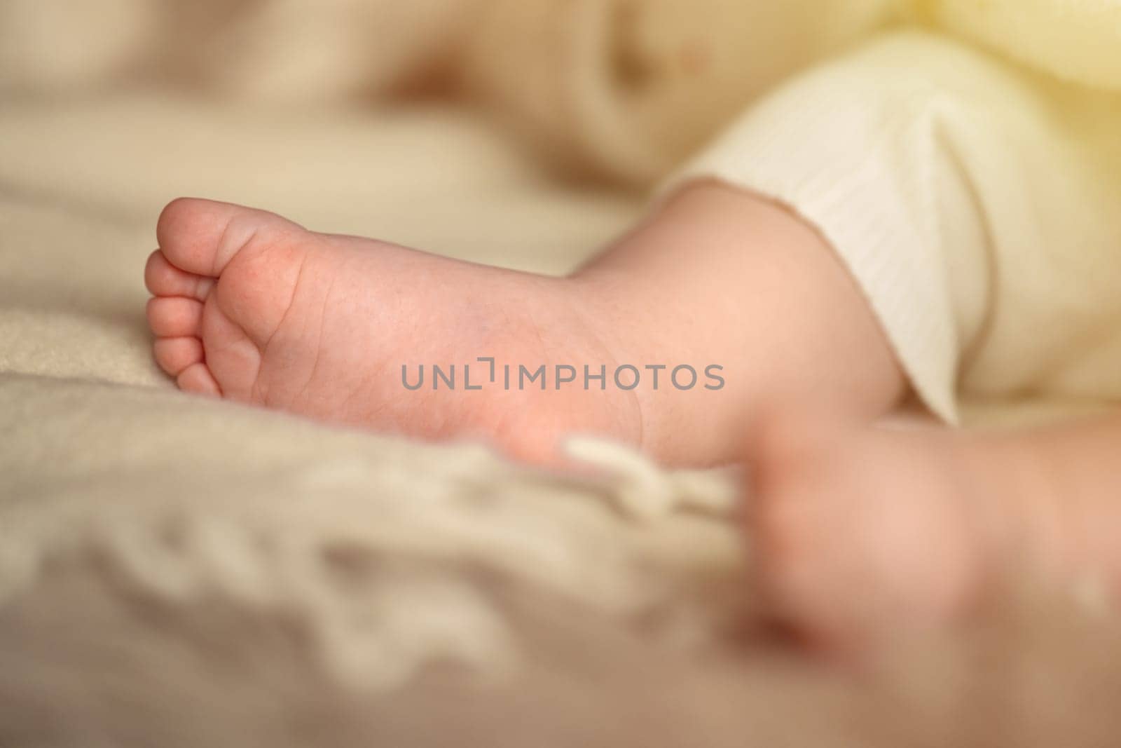 Closeup of a newborn baby's bare feet. Maternity and childhood concept. High quality photo