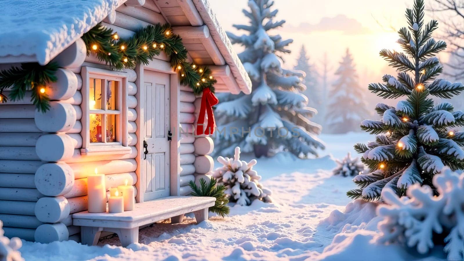A cozy cabin is nestled in a snowy forest. Christmas, New Year concept.