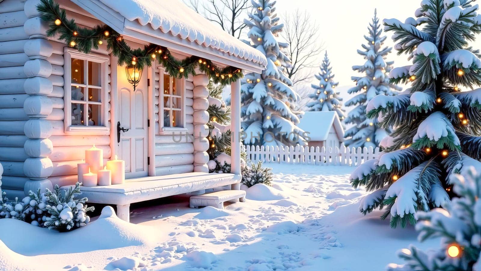 A cozy cabin is nestled in a snowy forest. Christmas, New Year concept.