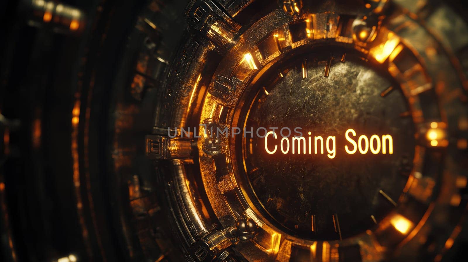 A slightly open vault door emits a warm golden light against a textured surface. the words coming soon glow softly, adding an air of intrigue and anticipation to the scene. perfect for themes of mystery, exclusivity, or announcements.