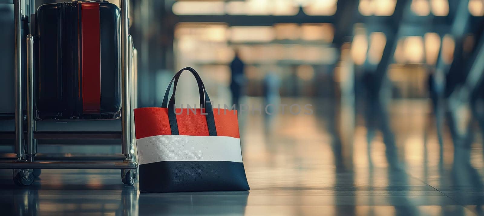 A sleek color block tote bag sits atop a luggage cart in an airport terminal, blending style with travel excitement. the modern design dynamic atmosphere of global travel, fashion and functionality.