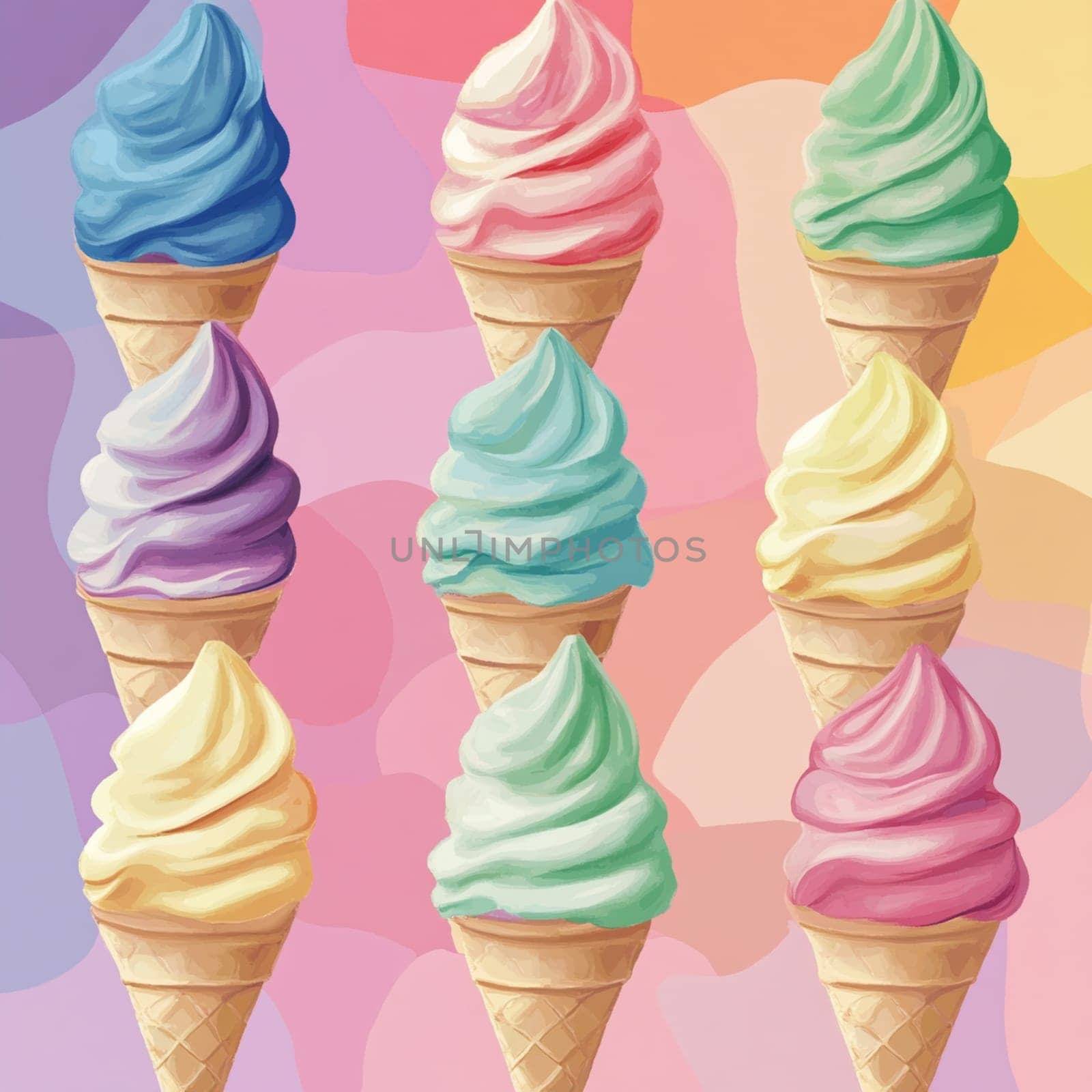 A vibrant collection of ice cream cones in pastel shades towers against a soft, colorful background filled with swirls.